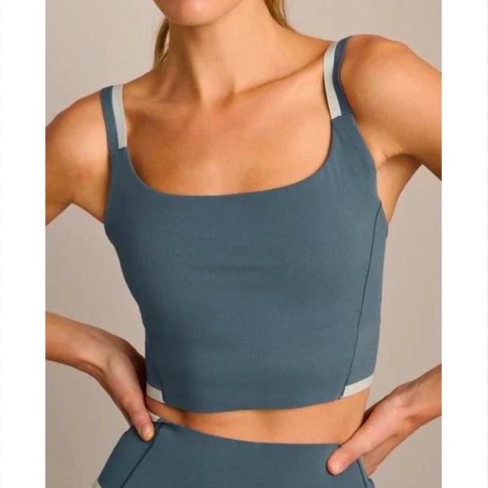 Rhone Medium Instinct Contrast Longline Sports Bra Blue Granite Gym Outdoor